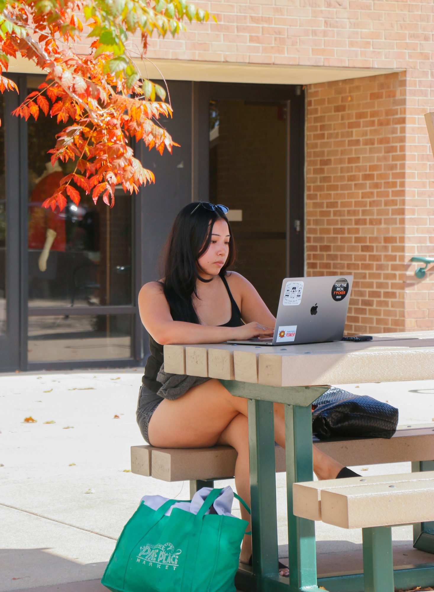 Student studying on a laptop outside